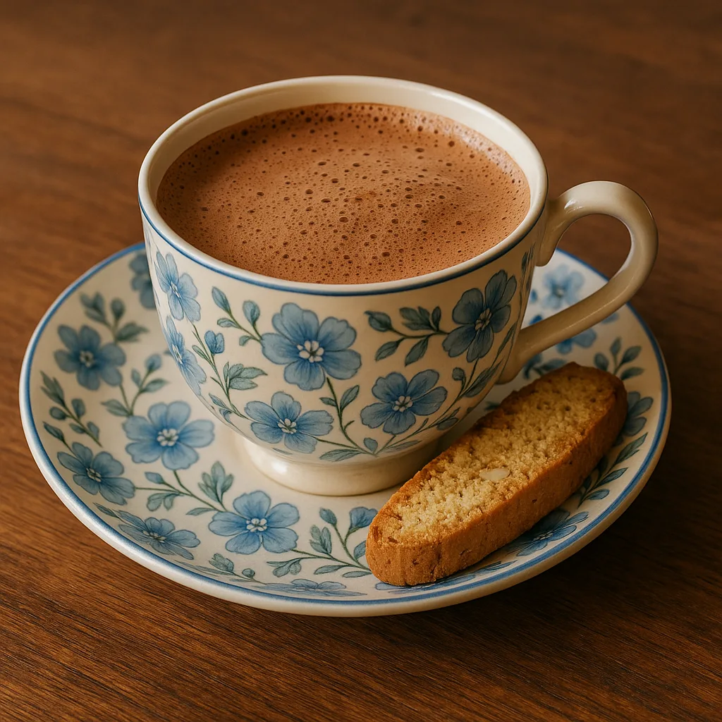 Cup of Frothy Chocolate Drink in a Blue Floral-patterned Teacup