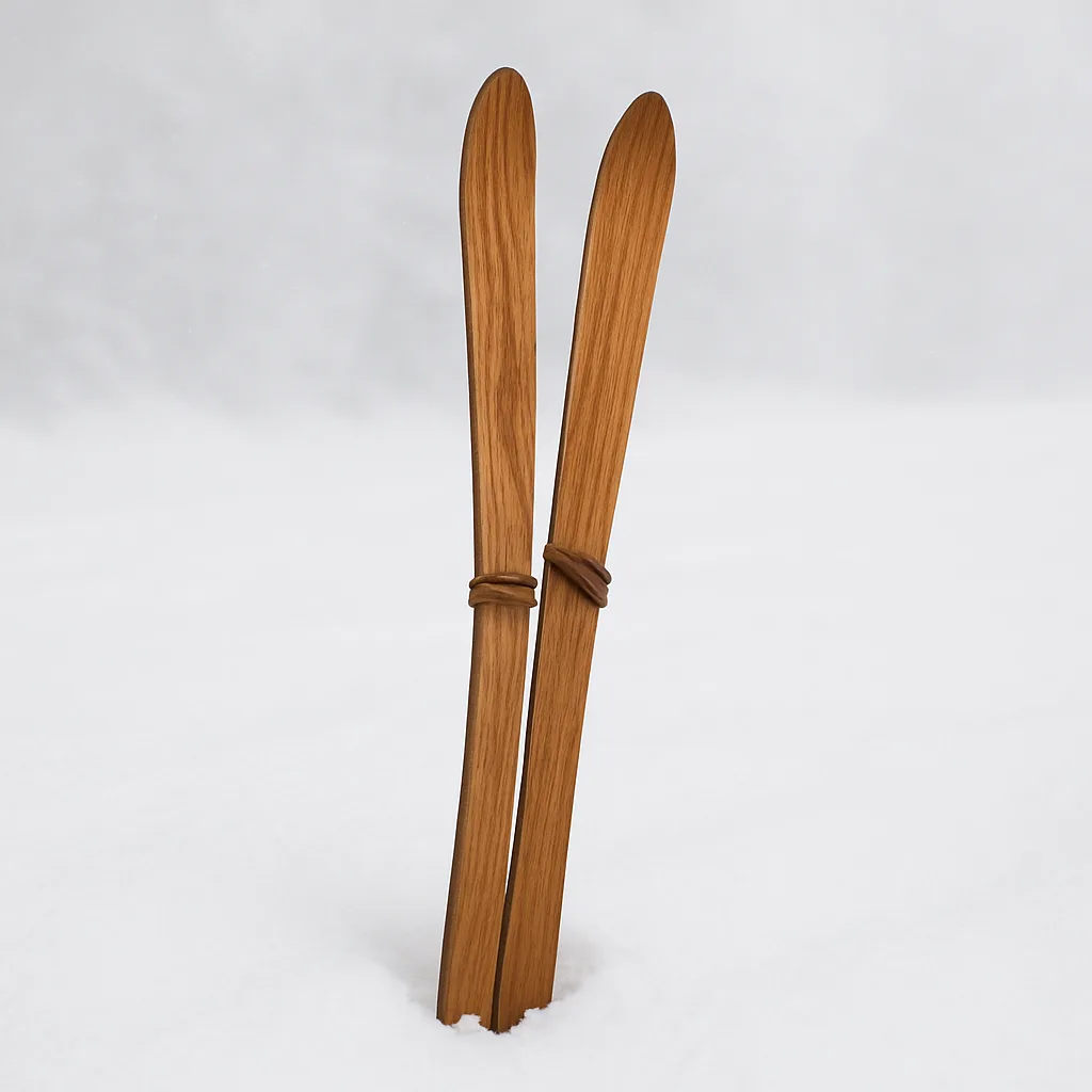 Skis with a Wooden Hue Resting Against a Snow-covered Background