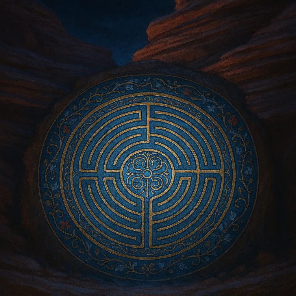 Circular Maze in Illuminated Manuscript Style Glows