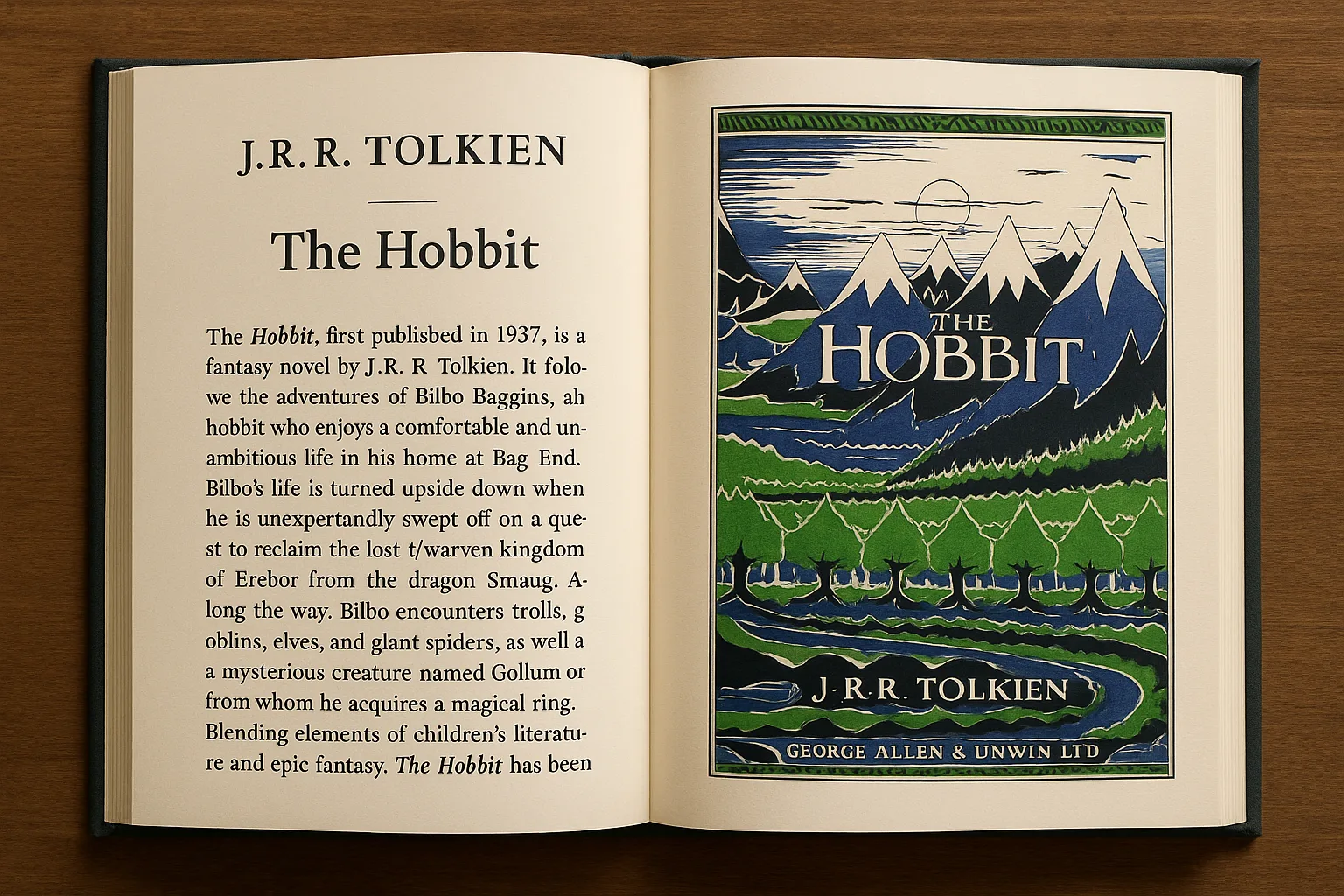 Open Book Displaying Text About J.R.R. Tolkien's "The Hobbit"