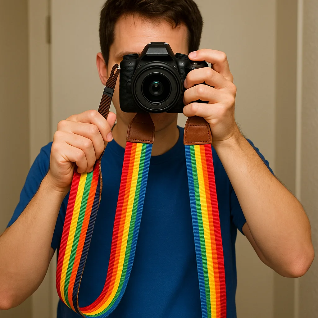 Person Wearing a Blue Shirt Is Seen Holding Colorful Camera