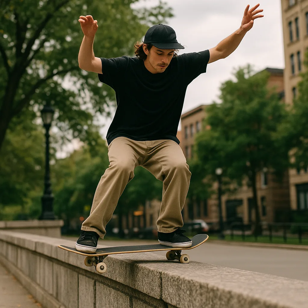 Man Skateboarding and Sliding Along the Edge of a Stone