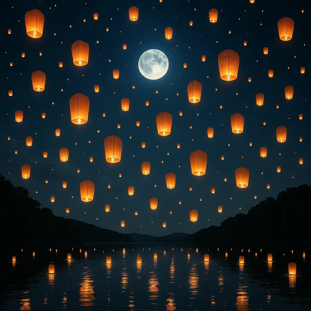 Countless Glowing Paper Lanterns Drift Skyward over a Tranquil