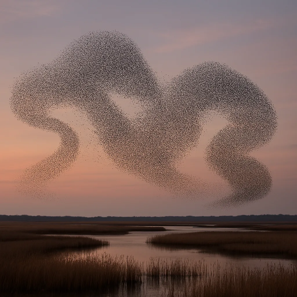 Vast Murmuration of Starlings Forms