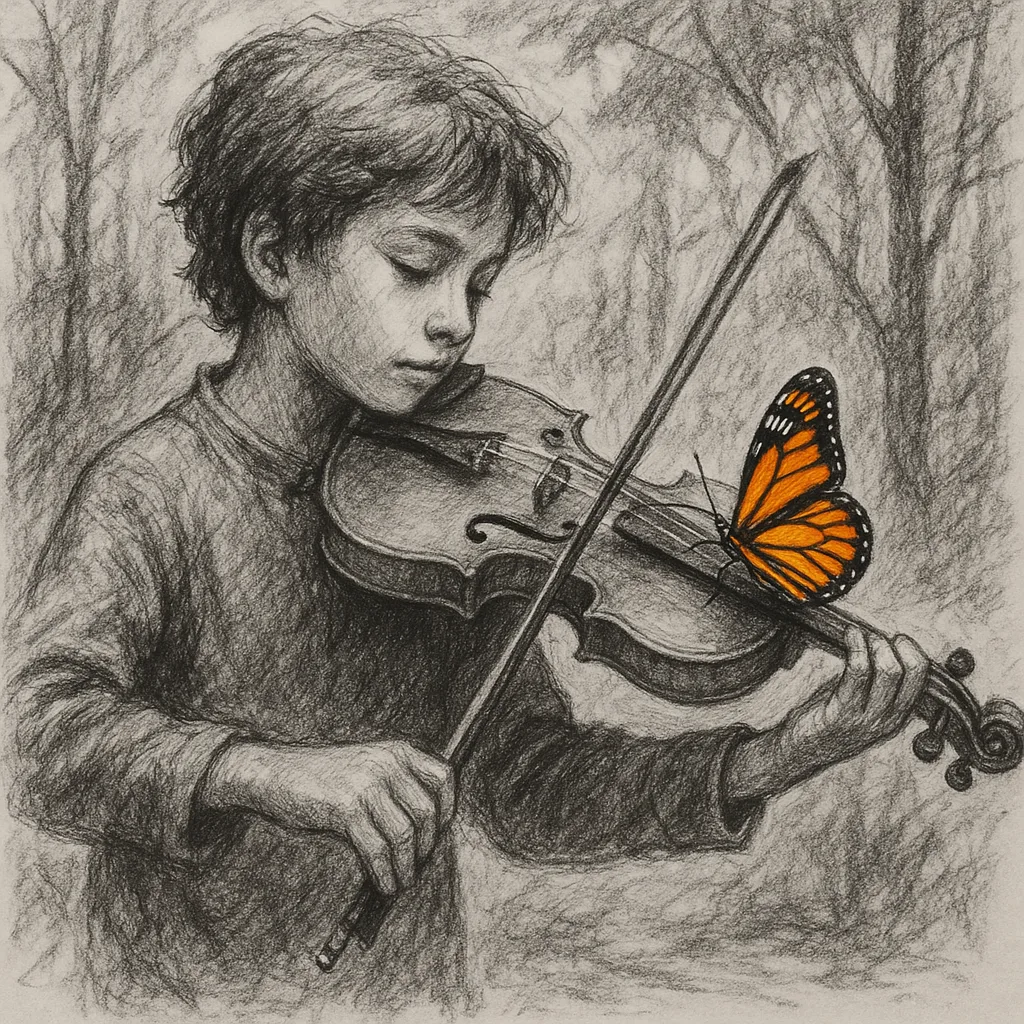 Charcoal Drawing Depicts a Young Violinist Performing a Melody Outdoors