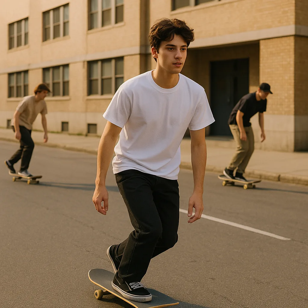 Young Man in a White Shirt Rides a Skateboard