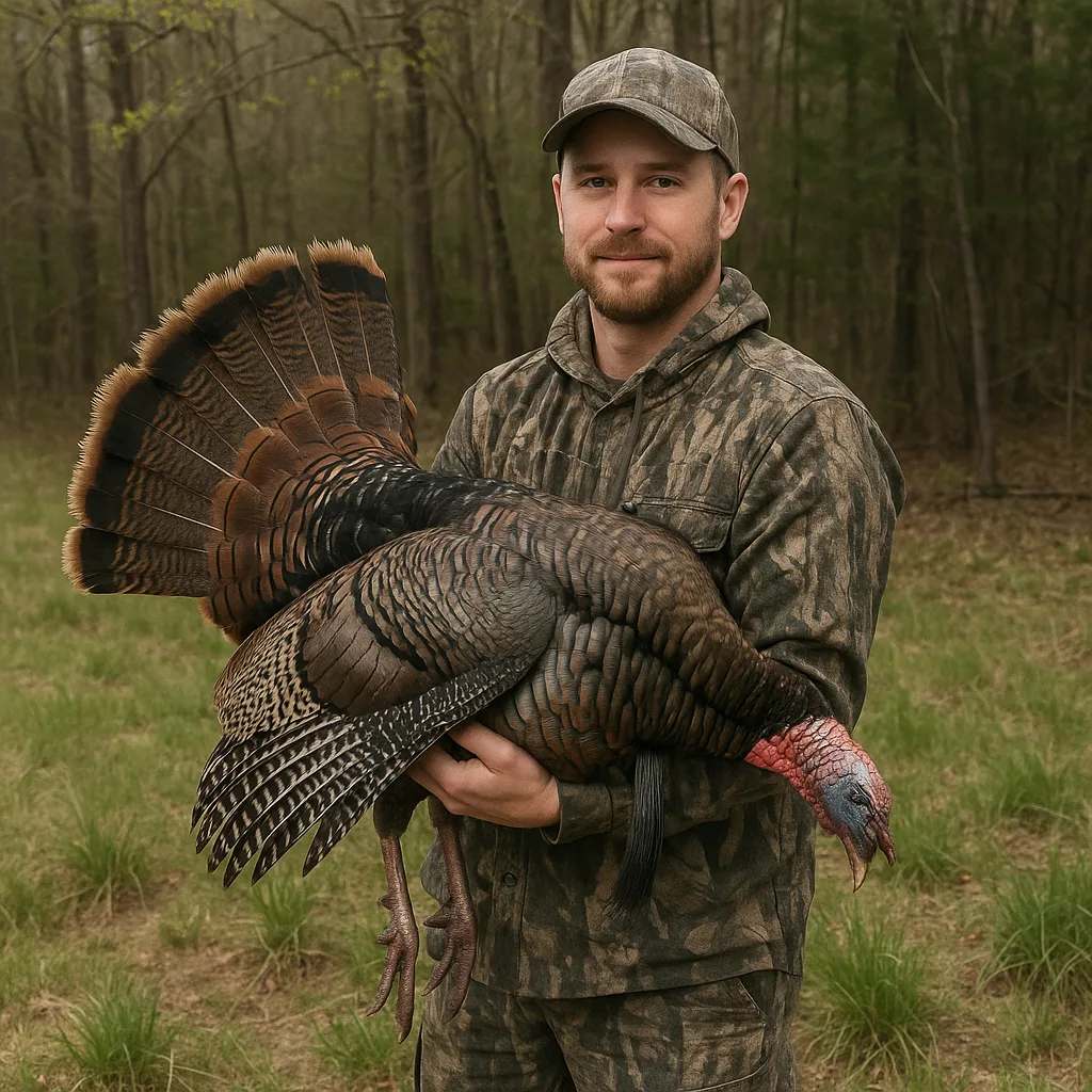 Person in Camouflage Clothing Holds a Large Wild Turkey Outdoors