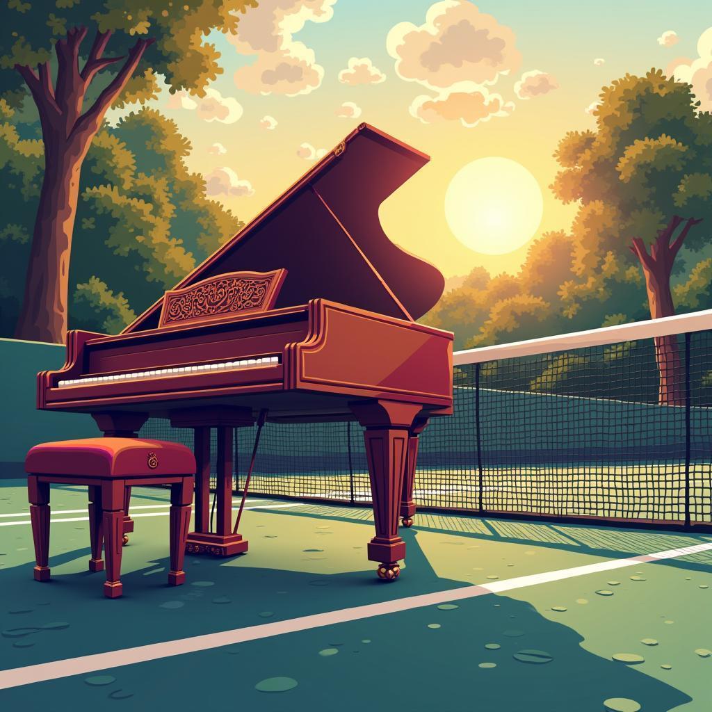 Pixel Grand Piano Beside a Blocky Tennis Court
