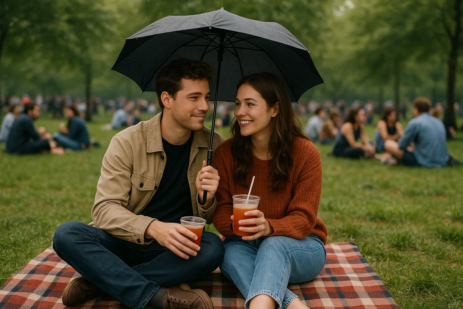 Couple Sits on a Plaid Blanket in a Grassy Park