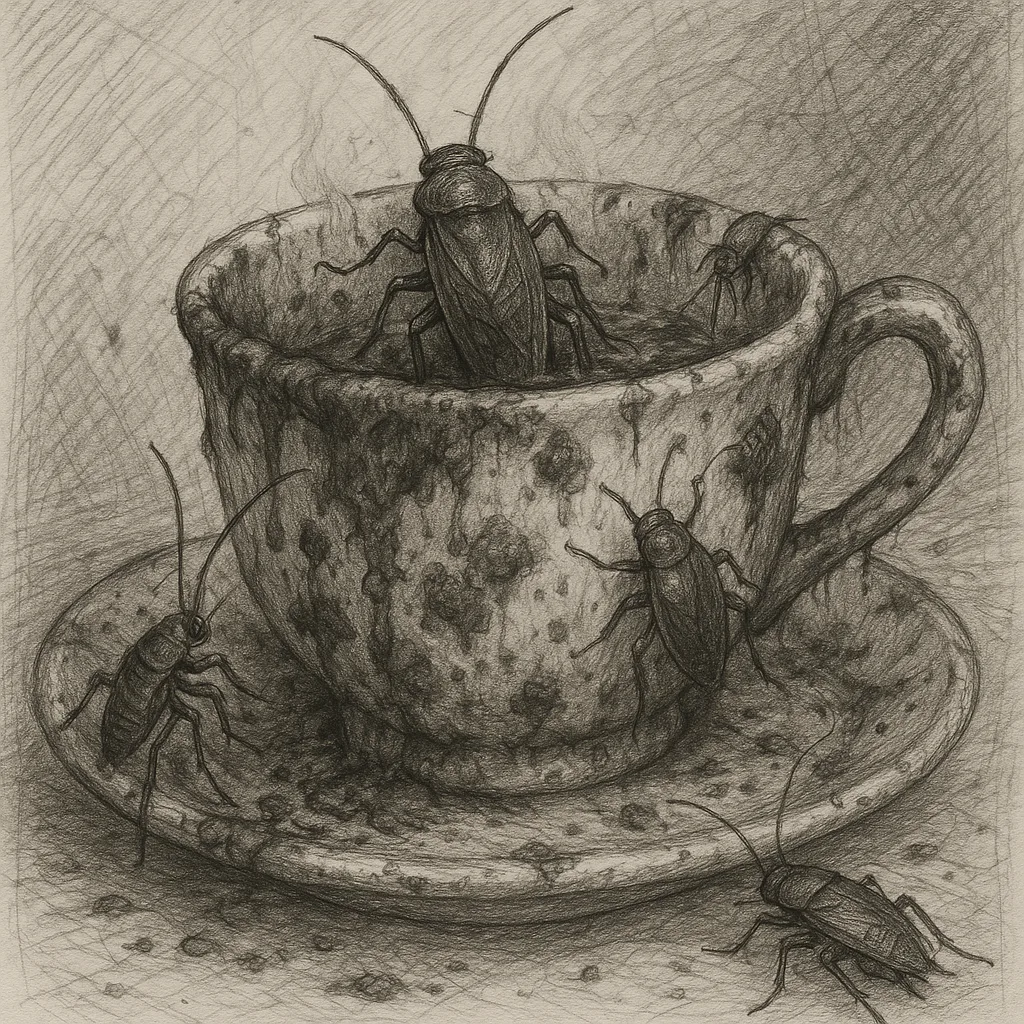Highly Detailed Scene of a Grimy Teacup Encrusted with Mold