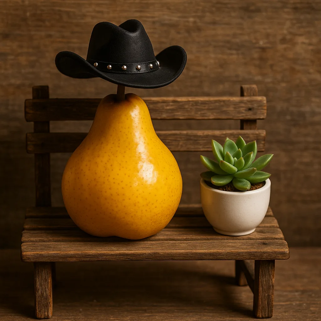 Whimsical Setting Showcases a Golden-yellow Pear Donning a Miniature