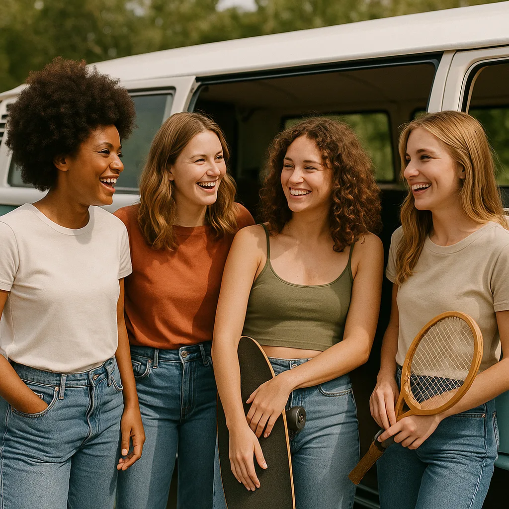 Gathering of Women Is Positioned by a Van