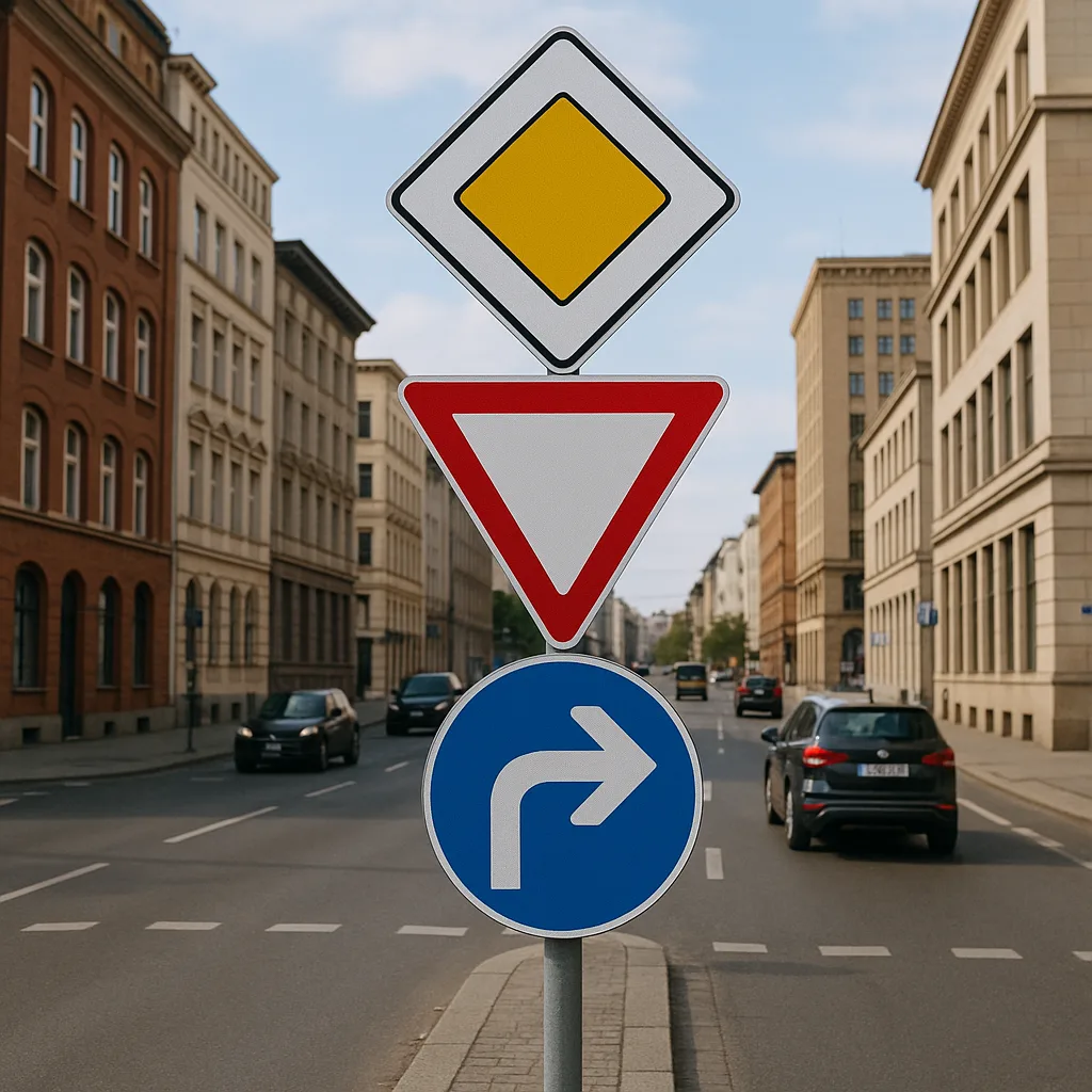 City Street Scene Featuring Traffic Signs Indicating Priority Road