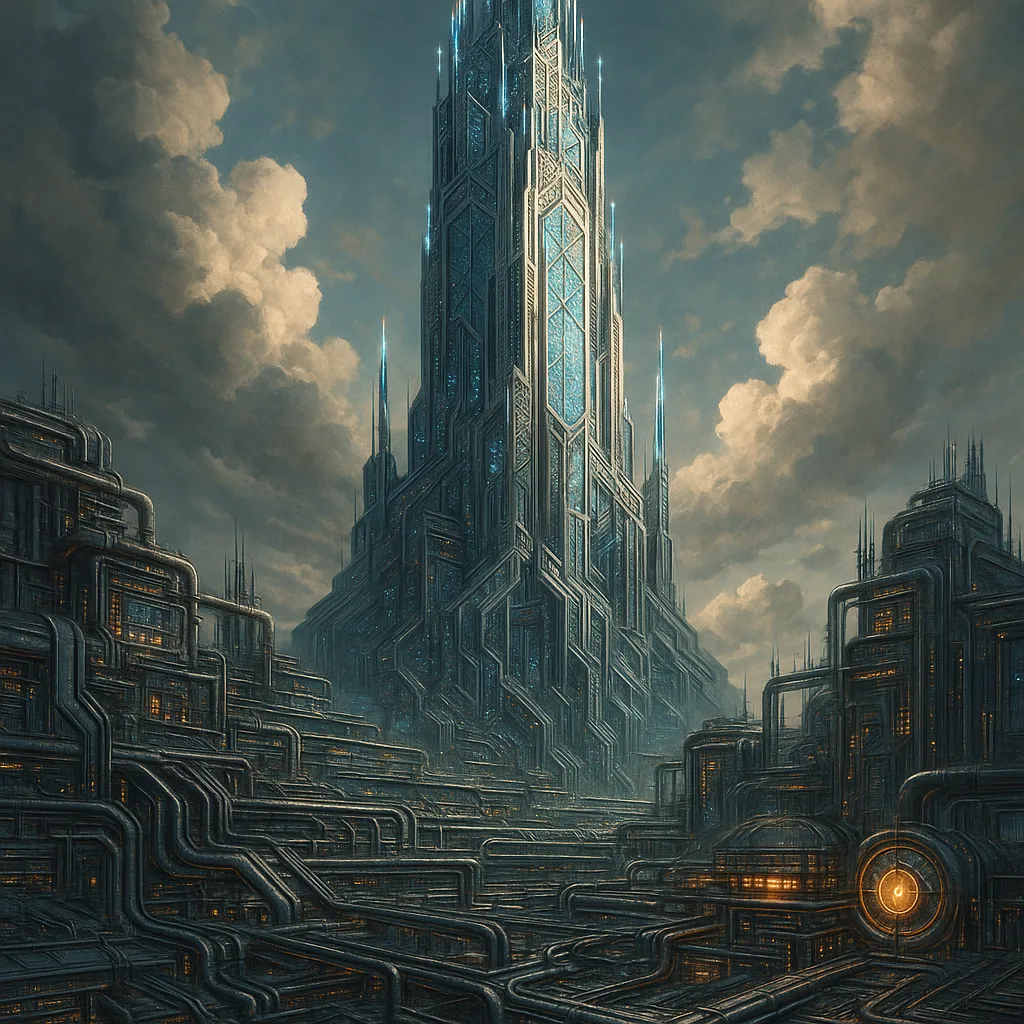 Hyper-detailed Digital Illustration Showcasing a Colossal Futuristic Tower