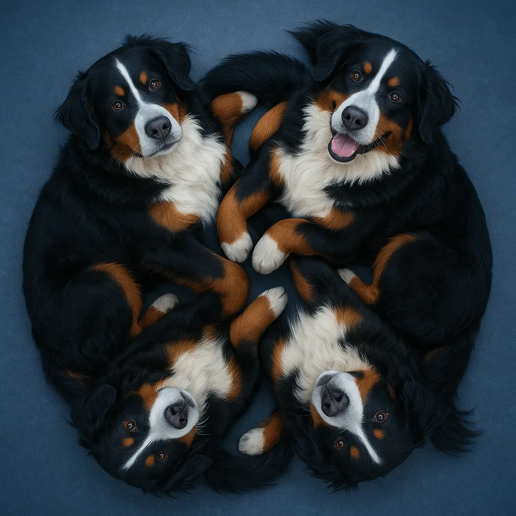 Four Varied Bernese Mountain Dogs Intertwine