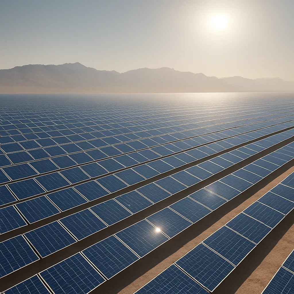 Vast Field of Countless Solar Panels Glints Uniformly