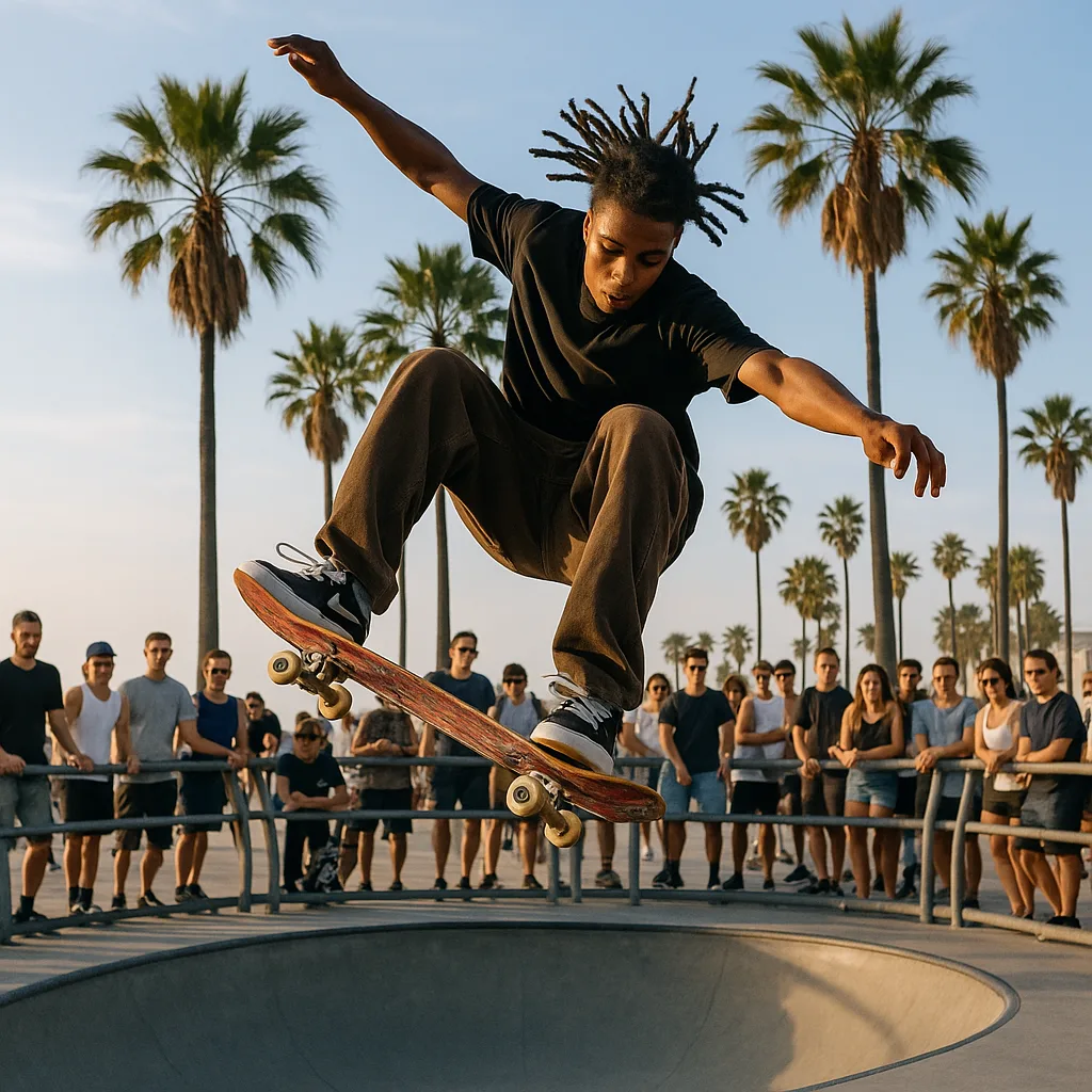 Skateboarder Performing a Trick in a Skate Park