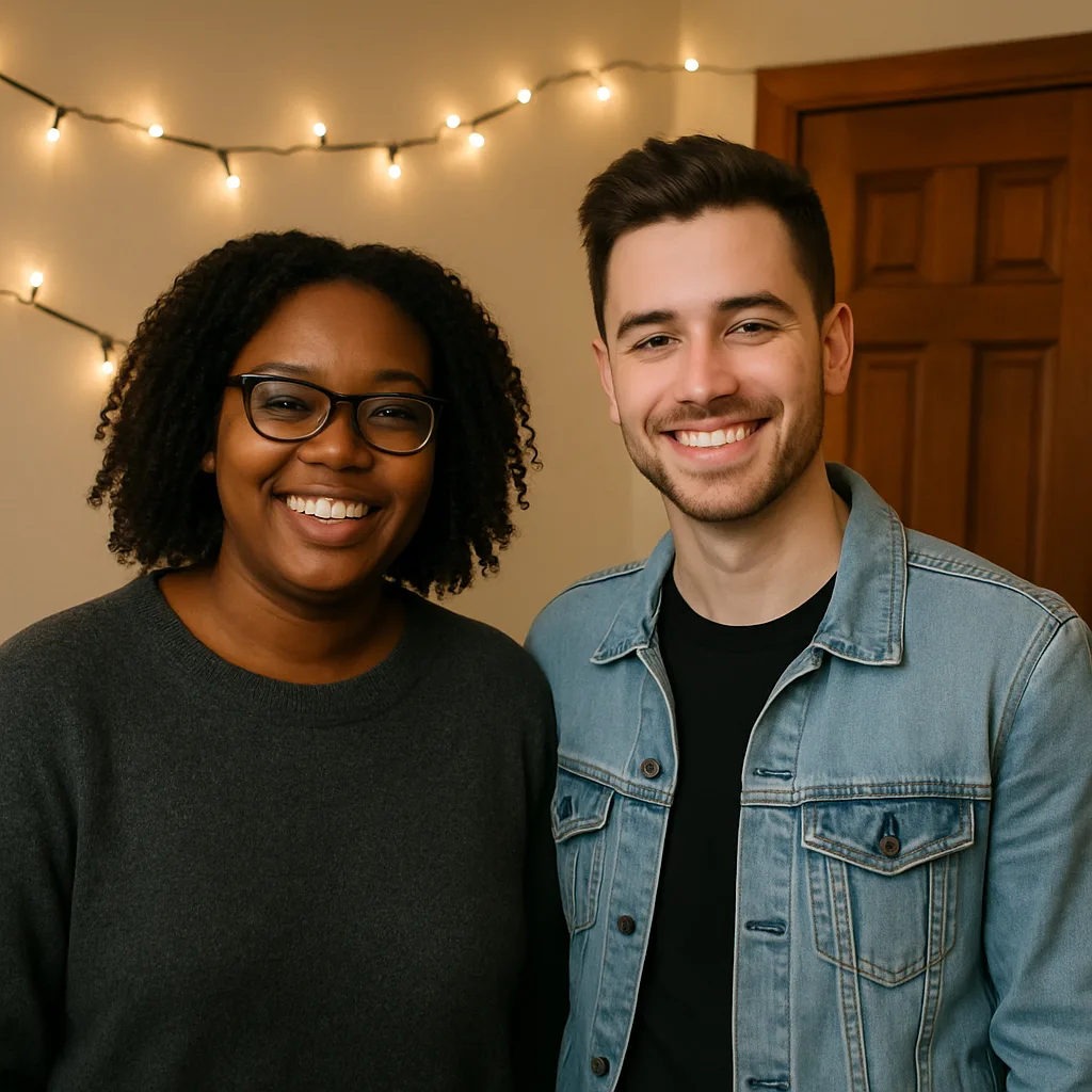 Two People Standing in a Room with String Lights