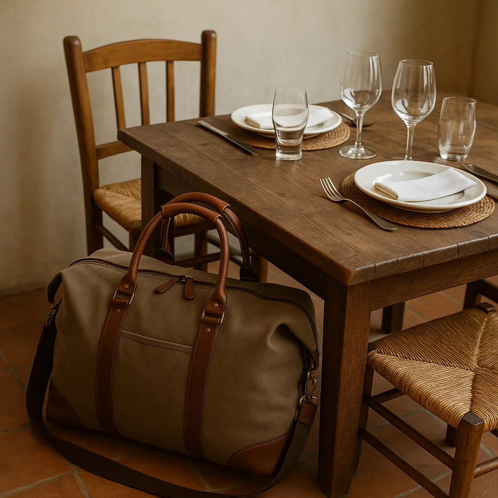 Travel Bag Next to a Wooden Dining Table