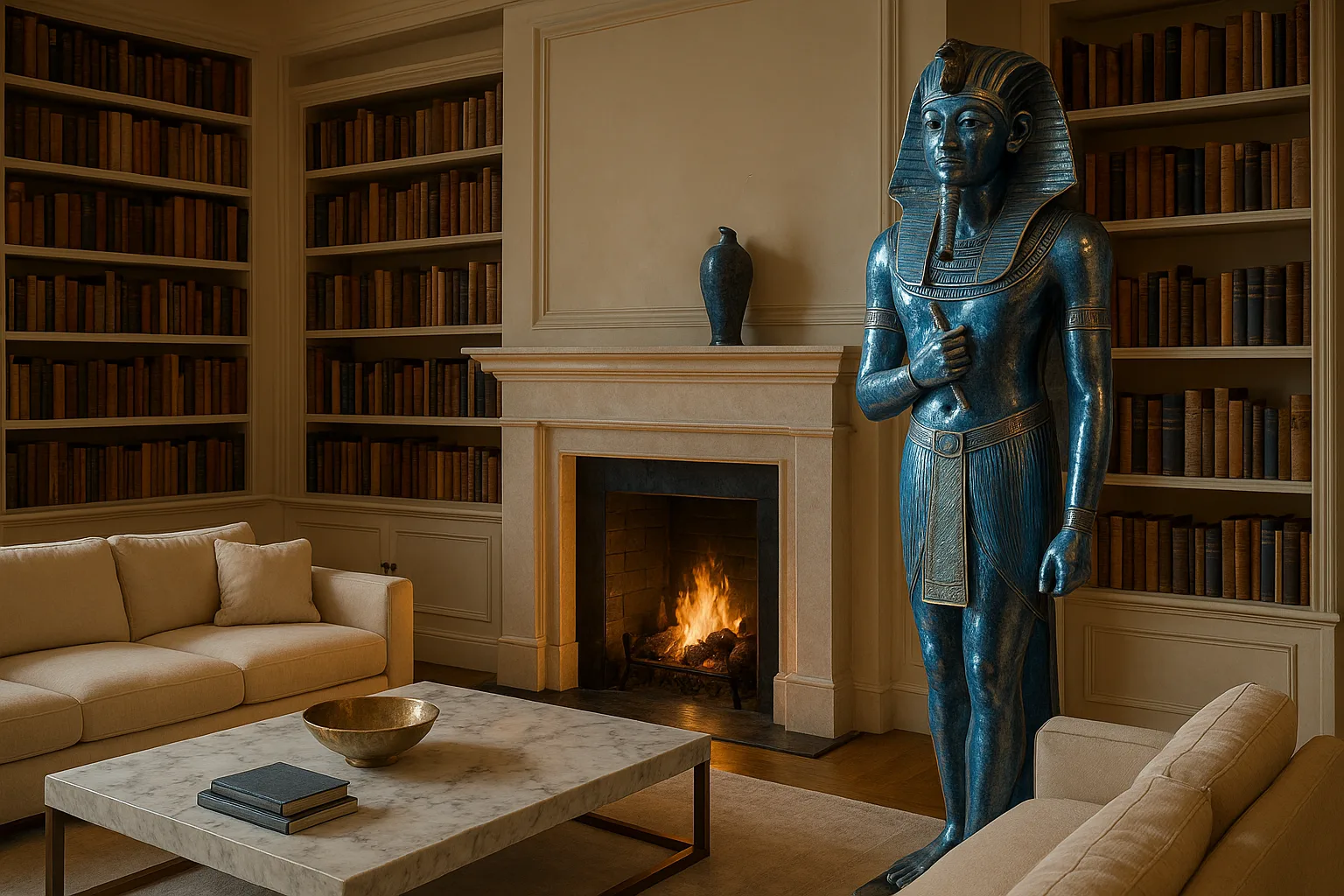 Envision an Opulent Living Space with an Imposing Egyptian Statue