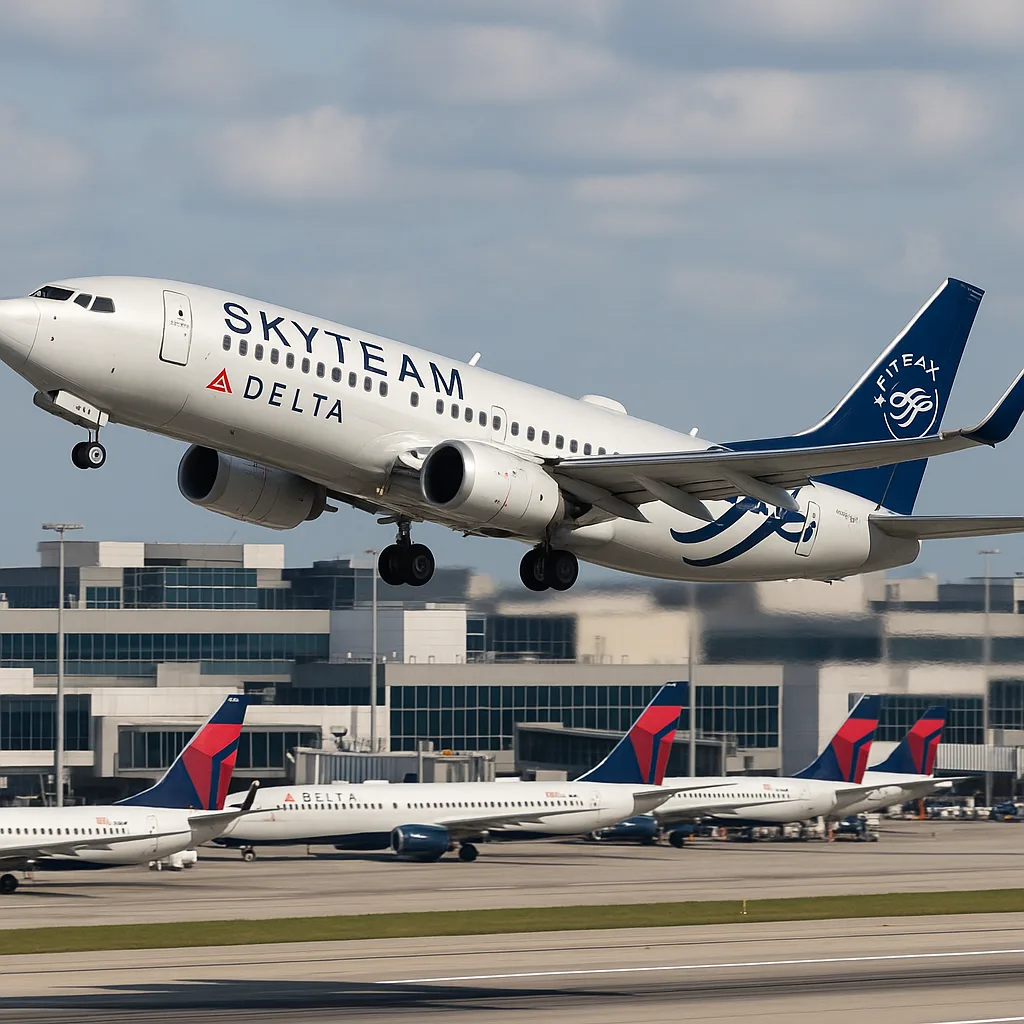 SkyTeam Delta Airlines Plane Taking Off from a Busy Airport