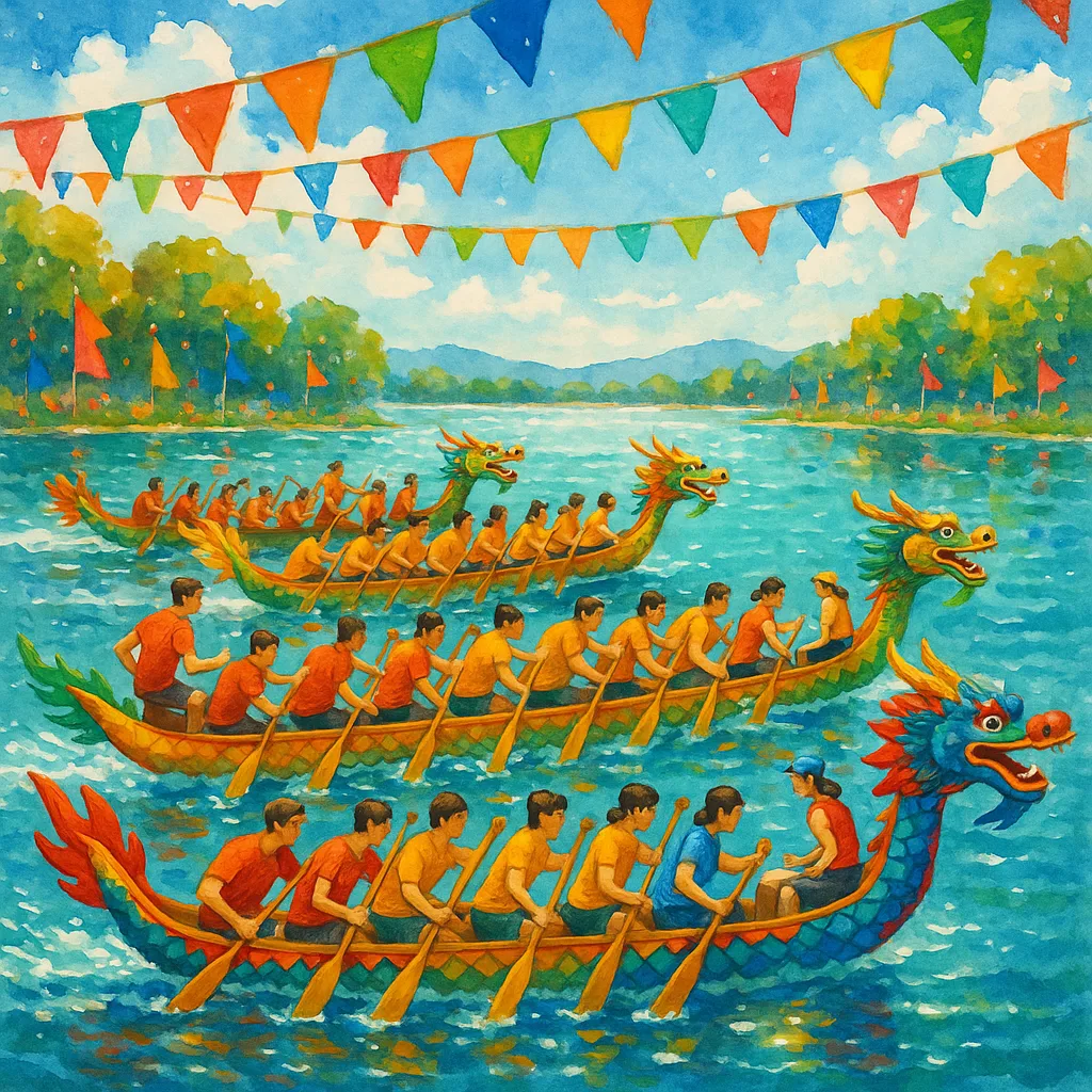Lively Dragon Boat Race with Colorful Vessels
