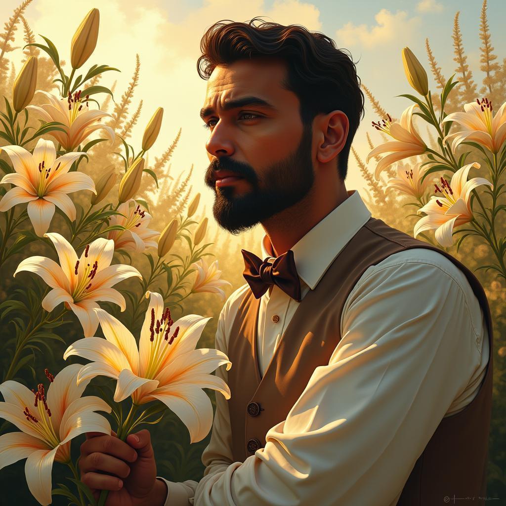 Impressionist Dapper Indian Gentleman Among Golden Lilies