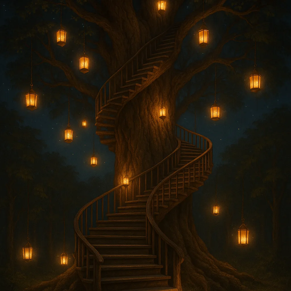 Massive Tree Decorated with Illuminated Lanterns and a Spiraling Staircase