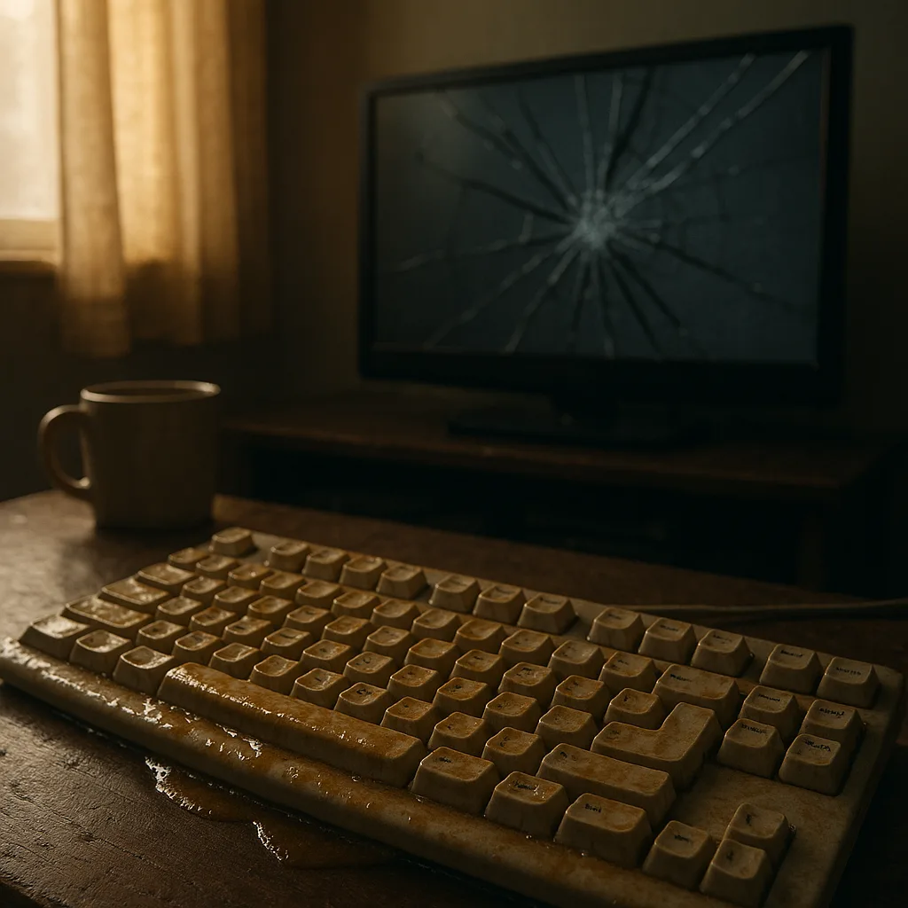Describe a Morning Setting Featuring a Keyboard Covered in Residue