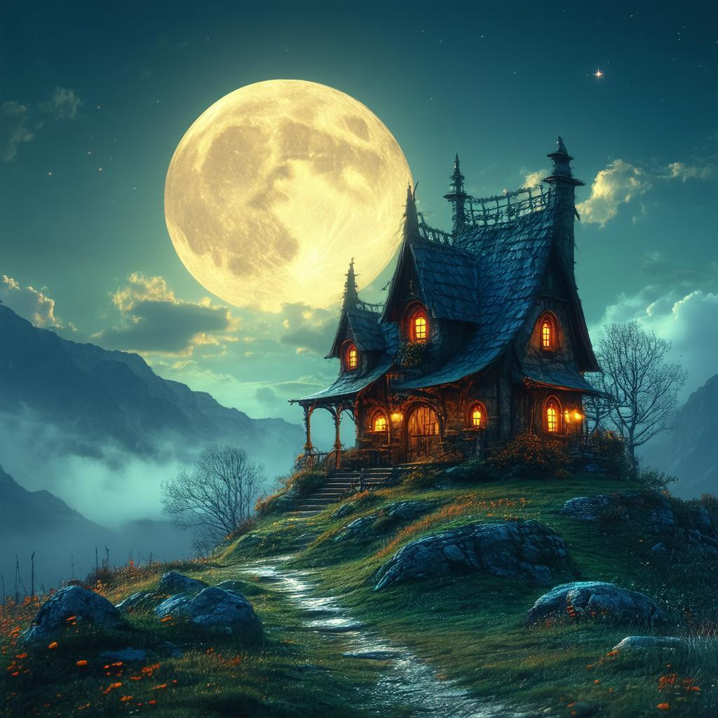 Witch Cottage on a Lonely Hill Under Giant Moon