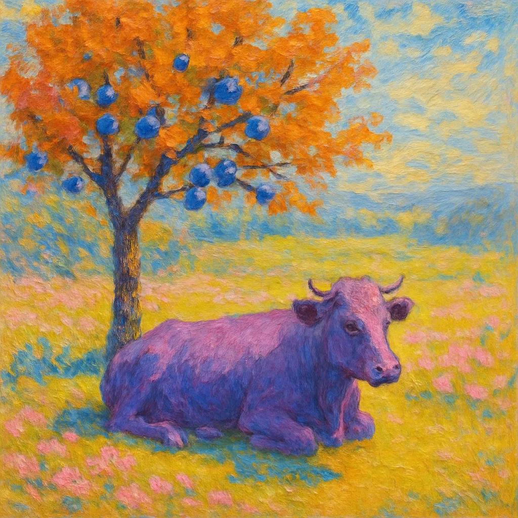 Scene Features a Serene Purple Cow Reclining in a Field