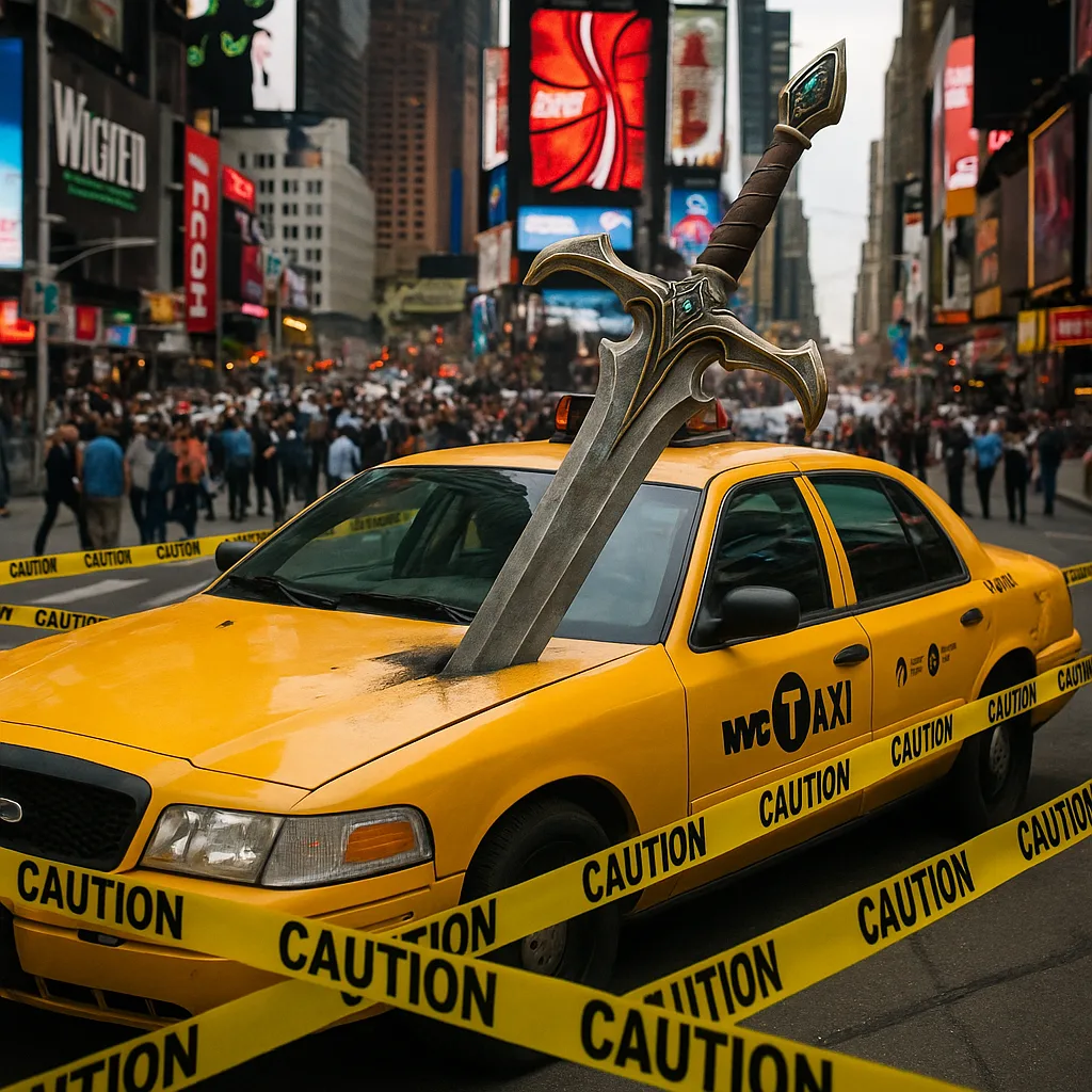 Large Fantasy Sword Is Embedded in a Yellow NYC Taxi