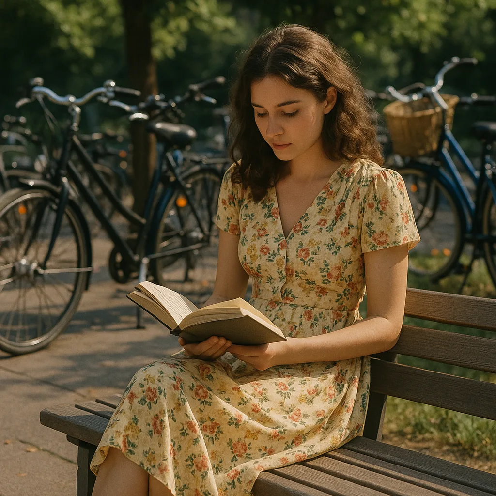 Woman in a Floral Dress Sits on a Bench