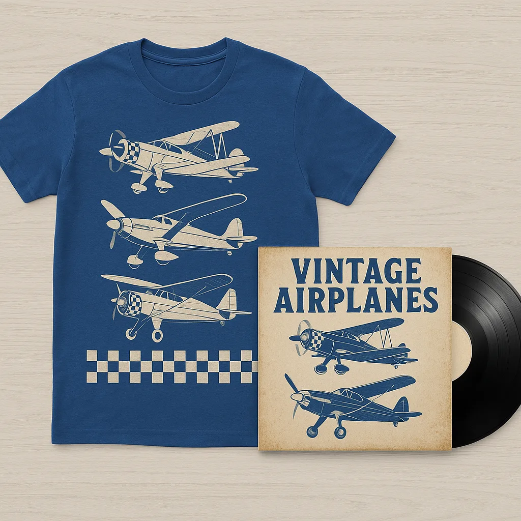 Blue T-shirt Featuring Vintage Airplanes and Checkered Design