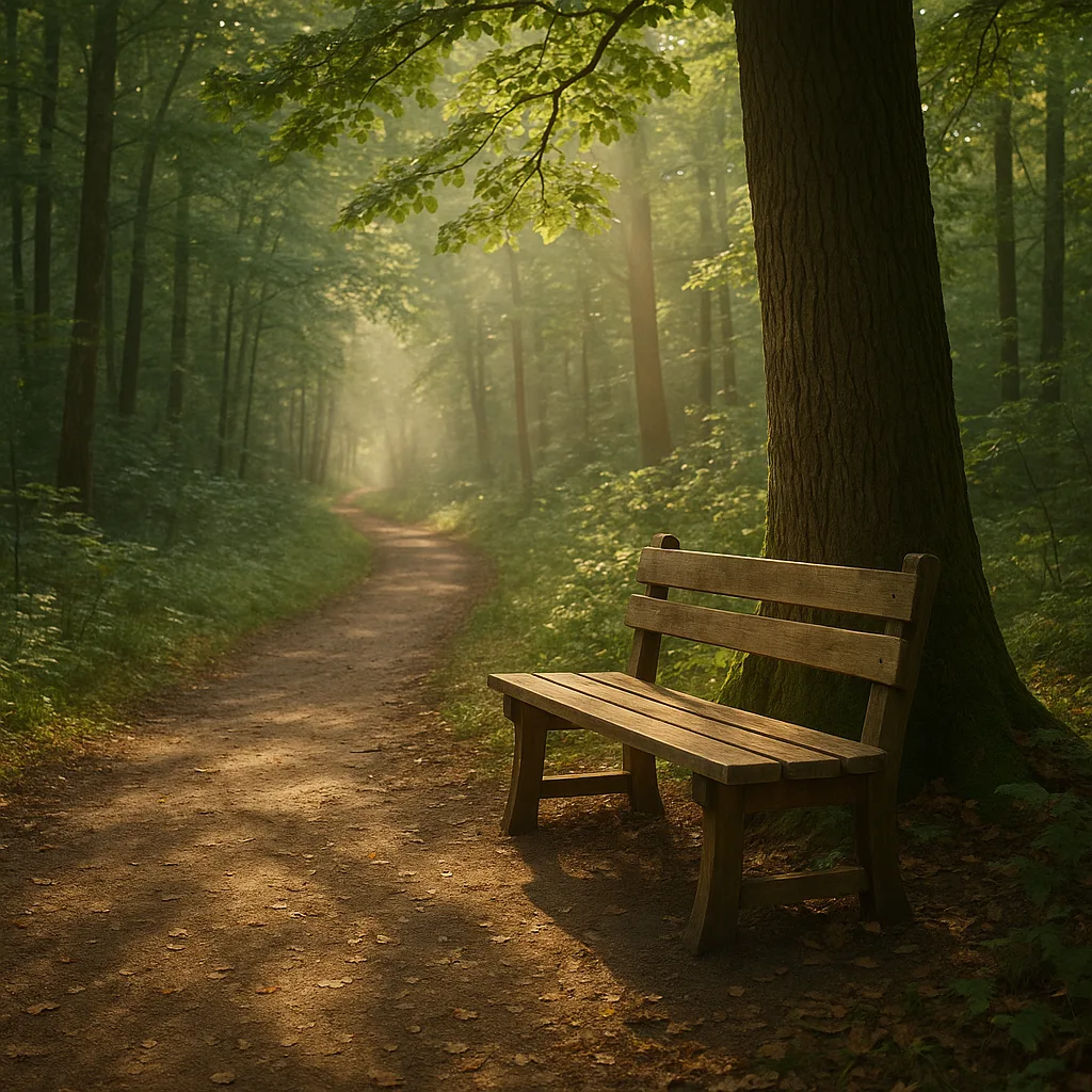 Wooden Bench Beside a Tree on a Serene Forest Path