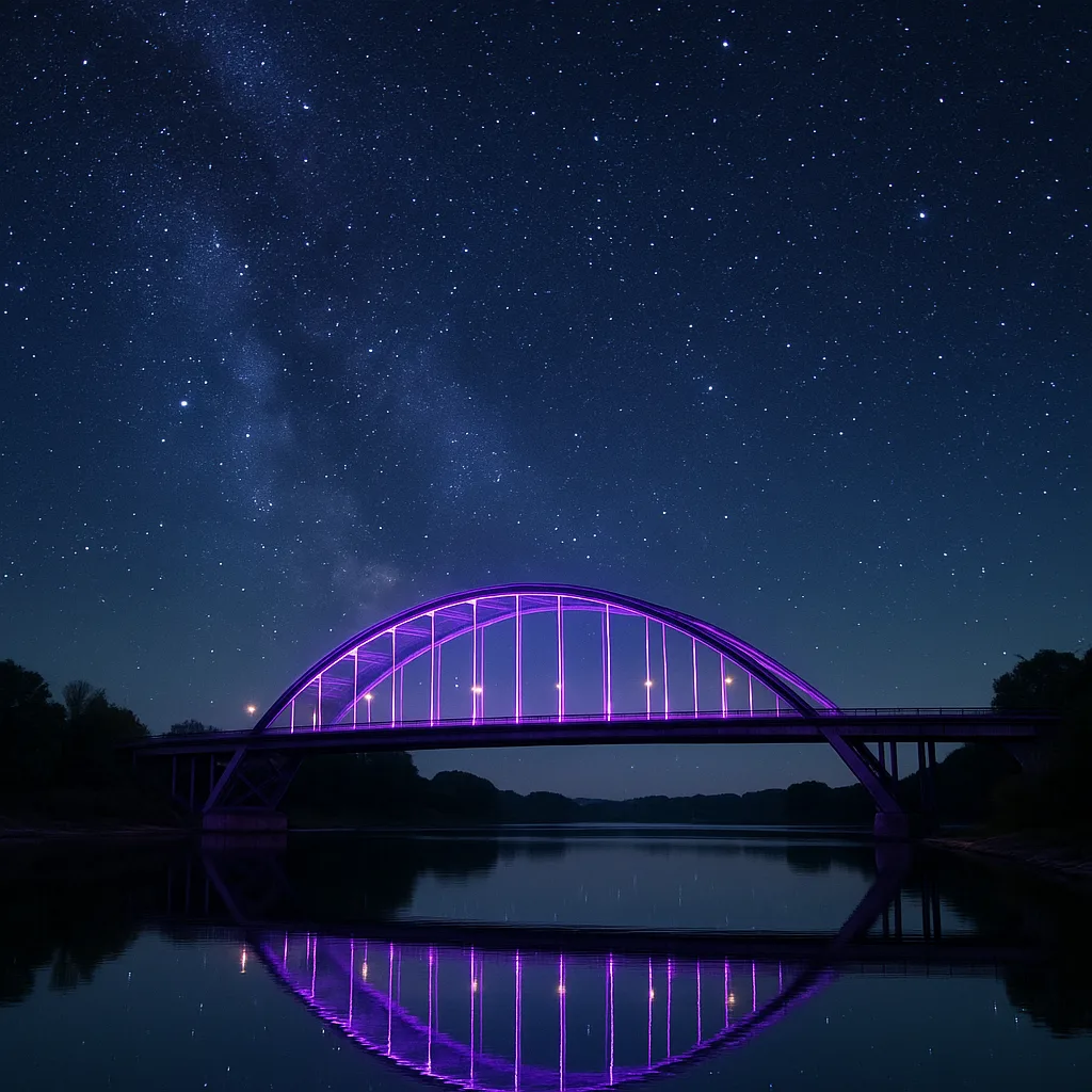 Bridge Emitting a Purple Glow Is Mirrored in Tranquil Waters