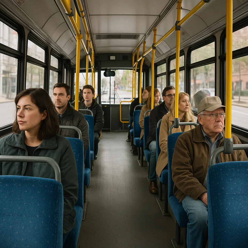 Passengers Seated Inside a Public Bus with Blue Fabric Seats