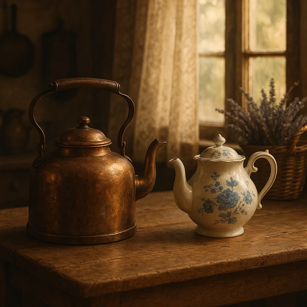 Well-worn Copper Kettle and a Porcelain Teapot