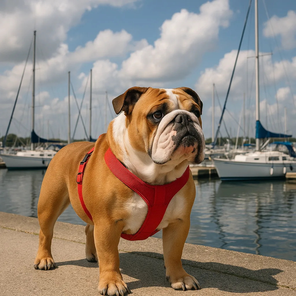 Bulldog Wearing a Red Harness Stands near a Marina
