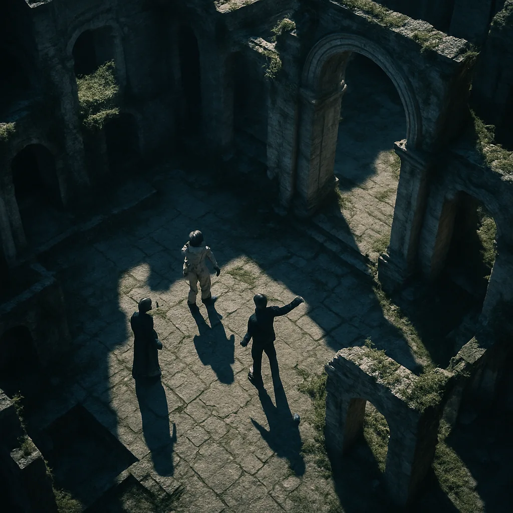 Three Tiny Figures Interact Within the Vast Expanse of Ancient