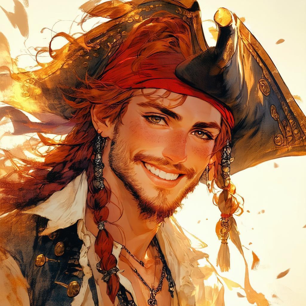 Joyful Red Haired Pirate in Detailed Manga Portrait