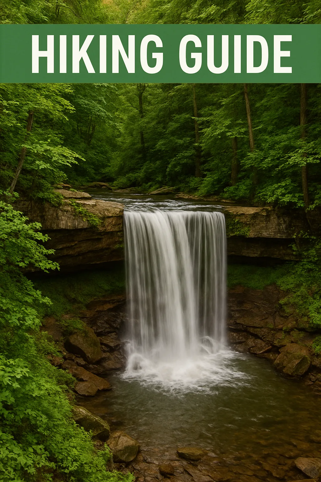Waterfall Flowing over a Rocky Ledge Surrounded by Lush Greenery
