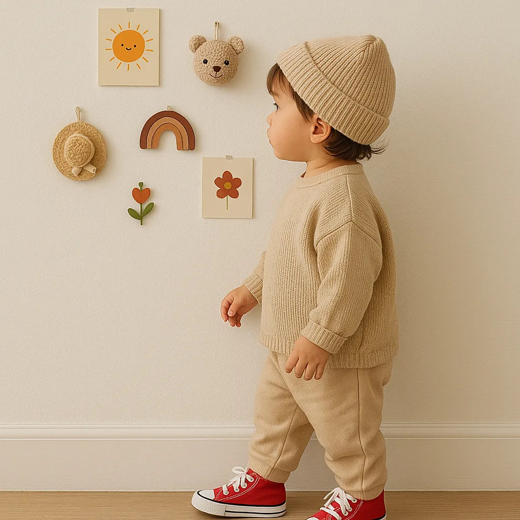 Toddler Wearing Beige Clothing and Red Sneakers Stands