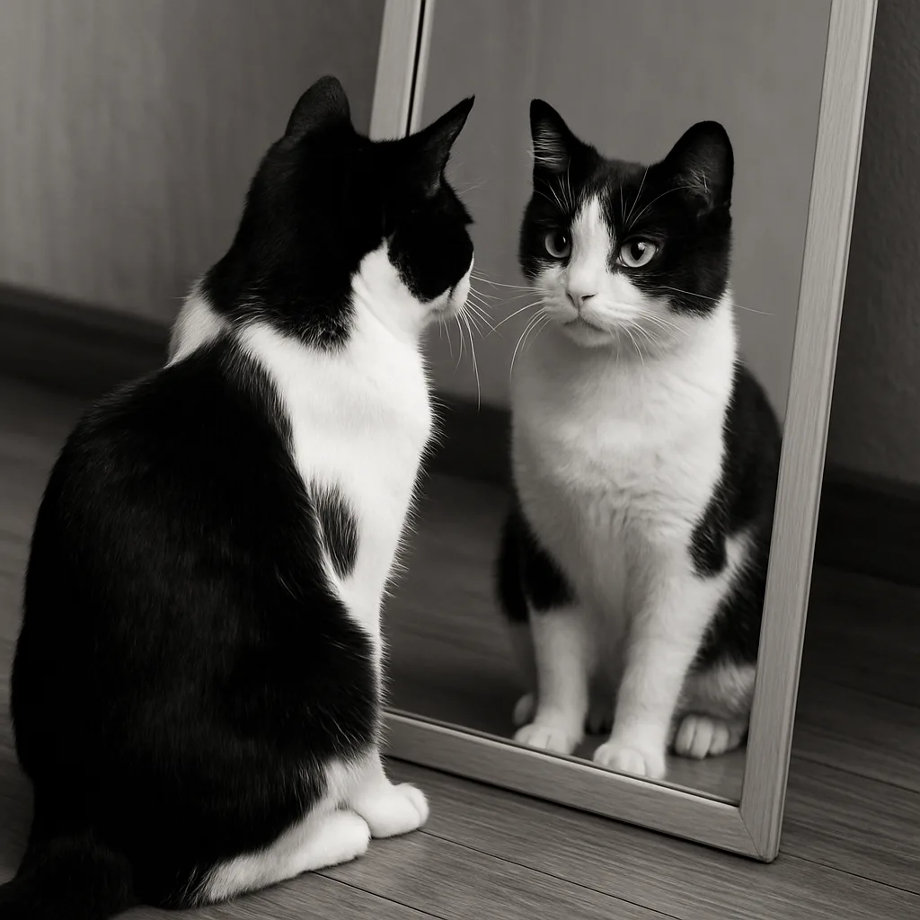 Black-and-white Cat Is Looking at its Reflection in a Mirror