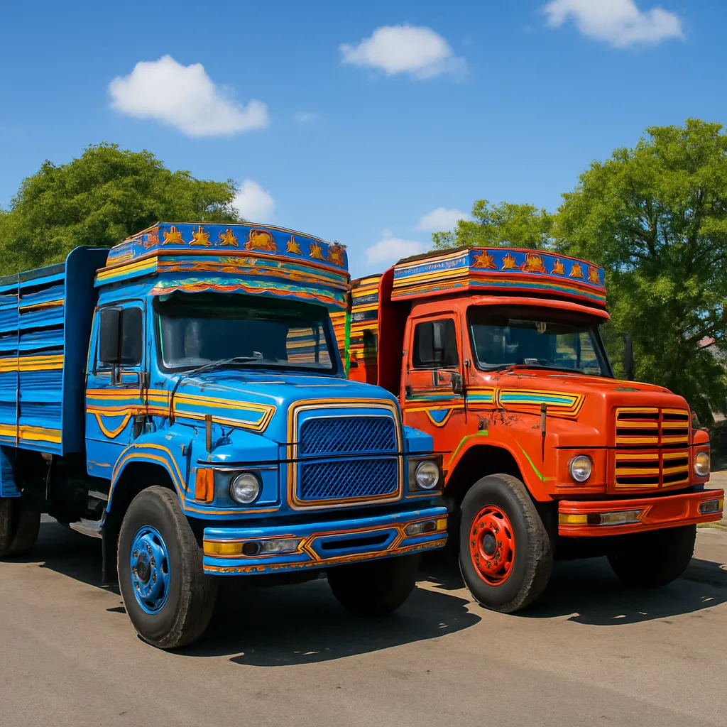 Pair of Vibrant Trucks Positioned Next