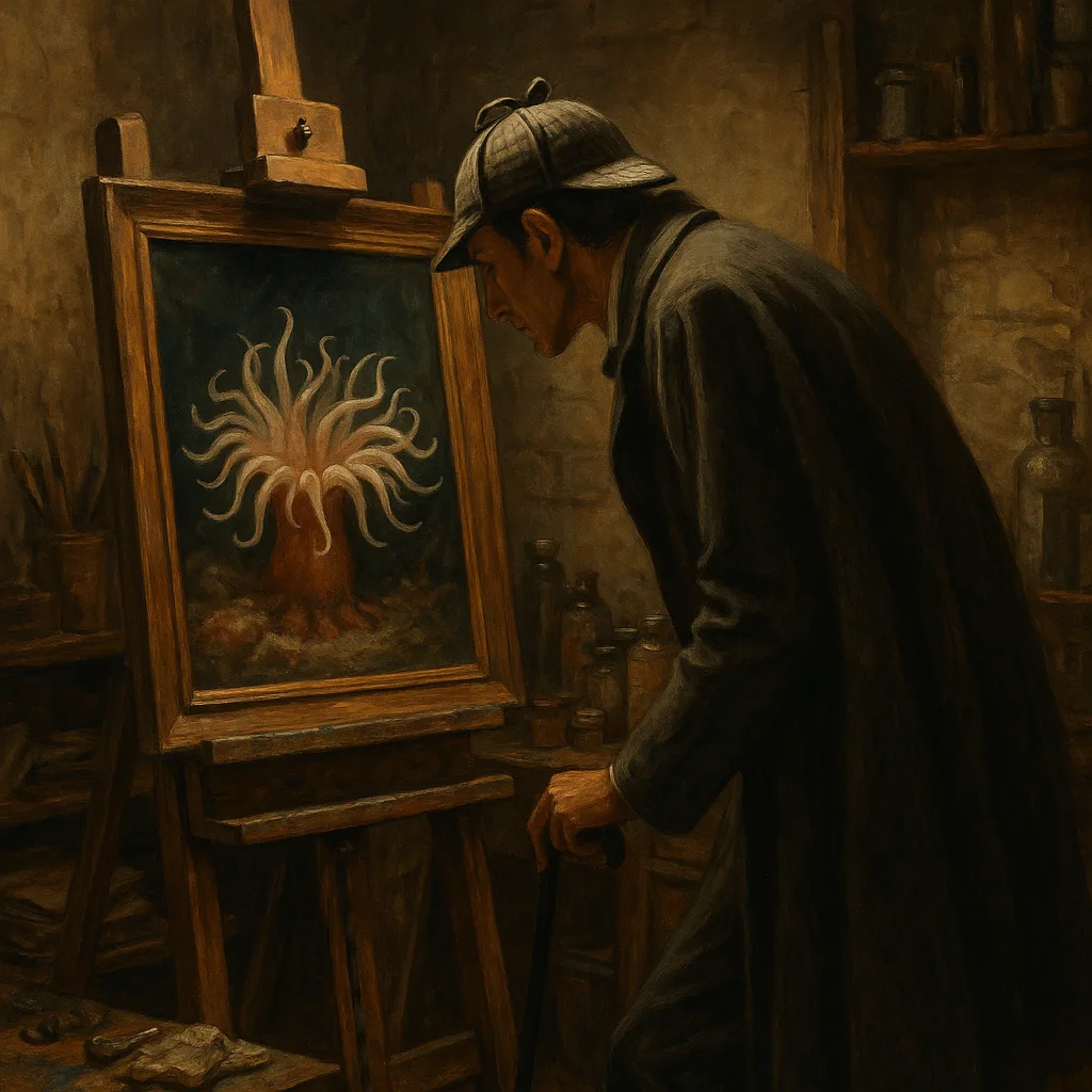 Tall Sherlock Holmes-styled Figure Leans to Scrutinize a Sea Anemone's