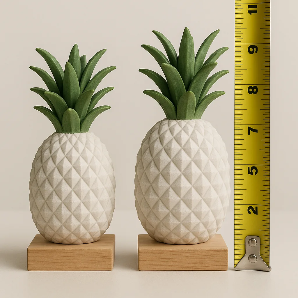 Two Decorative Pineapple-shaped Objects with Green Leaves on Wooden Bases