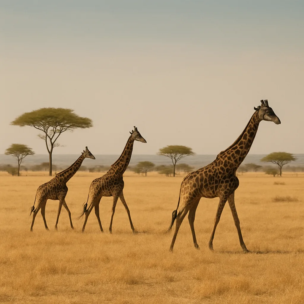 Few Distant Giraffes Gracefully Traverse a Sun-scorched Savanna