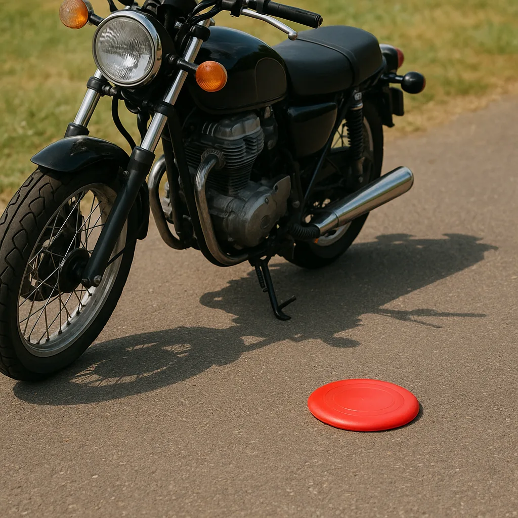 Parked Motorcycle with a Red Frisbee Resting on the Ground
