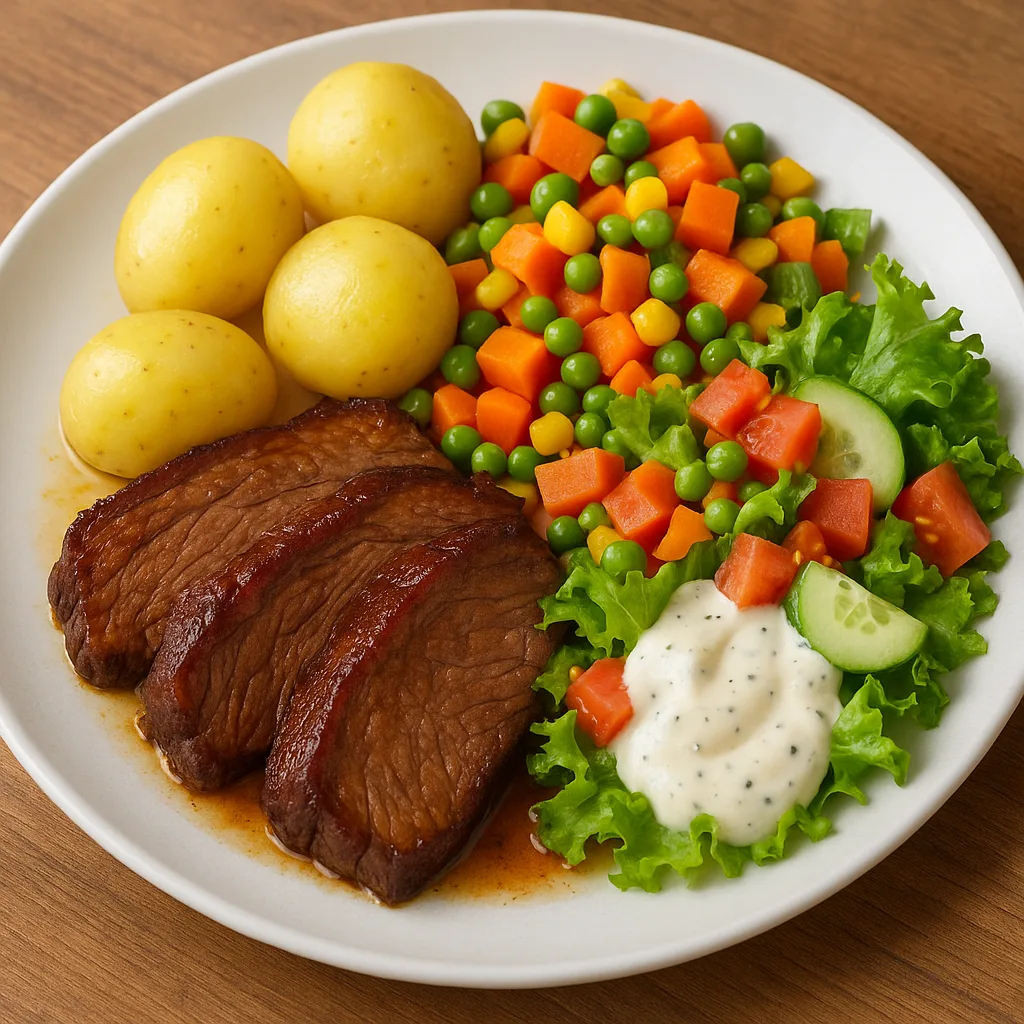 Plate of Roasted Meat with Boiled Potatoes